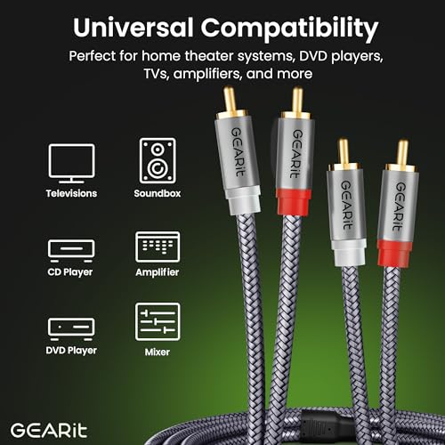 GEARit RCA Cables Car Audio 10ft Copper, RCA Cables Car Audio with Dual Shielding & Gold-Plated Connectors, RCA Cable for Subwoofer Cable, Hi-Fi System, Amplifier, Active Speakers, Gaming Consoles - size: 10 Feet