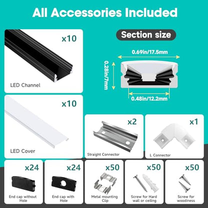 10-Pack 3.3ft/1Meter U Shape Black LED Aluminum Channel System with Milky Cover, End Caps and Mounting Clips, Aluminum Channel Profile for LED Strip Light Diffuser Installations (10pack*3.3ft) - size: 10pack*3.3ft(Black)