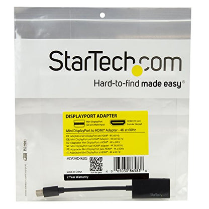StarTech Active Mini DP to HDMI 2.0 Adapter, 4K 60Hz (MDP2HD4K60S) | Thunderbolt to HDMI, Thunderbolt 1/2 MacBook/Air/Mini, Surface Pro 1-6, 18Gbps, 7.1ch Audio, HDCP 2.2, mDP to HDMI, 4096x2160 - color: Black, style: 4K 60Hz