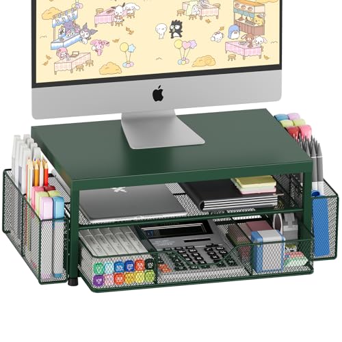OPNICE Desk Organizers and Accessories, 2-Tier Computer Monitor Stand Riser with Drawer and 2 Pen Holders, Laptop Stand, Office Desk Accessories for Office Supplies, Dark Green - color: Dark Green 1-Pack, size: Single
