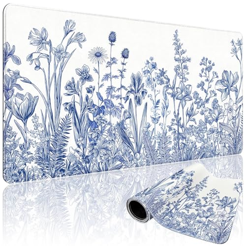 Narcissus Blue Floral Large Gaming Mouse Pad 31.5"x15.7"｜ Flower XXL Desk Mat, Non-Slip Rubber Base & Stitched Edges - Extended Waterproof Mousepad for PC/Laptop/Office/Home Decor - color: Narcissus