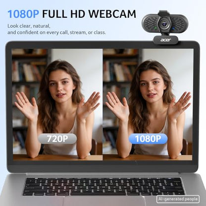 Acer 1080p Webcam USB Plug and Play Webcam for PC with Noise Cancellation Microphones Computer Camera for Desktop Streaming Gaming Online Meeting Wide Angle Privacy Cover A-to-C Adapter Easy Setup - color: Black