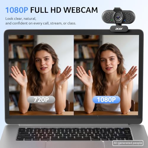 Acer 1080p Webcam USB Plug and Play Webcam for PC with Noise Cancellation Microphones Computer Camera for Desktop Streaming Gaming Online Meeting Wide Angle Privacy Cover A-to-C Adapter Easy Setup - color: Black