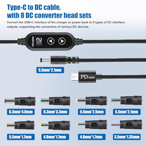 100W USB C to DC Charger, Barrel PD Trigger Cable with 8 DC Conversion Heads and LED Display Screen, DC 5V/9V/12V/15V/20V to DC Adapter Cable for Netbook, Tablets, Led Light, Routers (3.9ft) - color: Black-100W usb c to dc cable