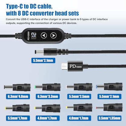 100W USB C to DC Charger, Barrel PD Trigger Cable with 8 DC Conversion Heads and LED Display Screen, DC 5V/9V/12V/15V/20V to DC Adapter Cable for Netbook, Tablets, Led Light, Routers (3.9ft) - color: Black-100W usb c to dc cable