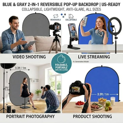 3.3x5ft/1x1.5m Blue Grey Screen Chromakey Backdrop Kit with 6.23ft/1.9m Light Stand, 2-in-1 Reversible Collapsible Background Panel for Photography, Gaming, Video Shooting, Live Streaming(Blue/Grey) - color: Blue/Grey