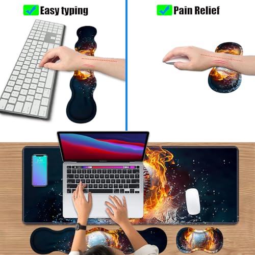 4 in 1 Ergonomic Keyboard Wrist Rest & Mouse Pad Wrist Rest Set, Large XXL Gaming Desk Mat 31.5"x 11.8" with Non-Slip Base, Memory Foam for Home Office Study Gaming, Burning Baseball Fire and Water - color: Burning Baseball Fire and Water