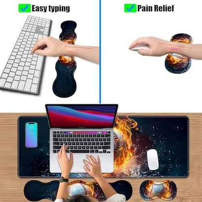 4 in 1 Ergonomic Keyboard Wrist Rest & Mouse Pad Wrist Rest Set, Large XXL Gaming Desk Mat 31.5"x 11.8" with Non-Slip Base, Memory Foam for Home Office Study Gaming, Burning Baseball Fire and Water - color: Burning Baseball Fire and Water