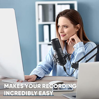 USB Microphone, Plug & Play 192kHz/24bit Cardioid Condenser Studio Mic Kit with Professional Sound Chipset Mount Pop Filte and Boom Arm for Recording, Gaming, Streaming, Skype, Podcast