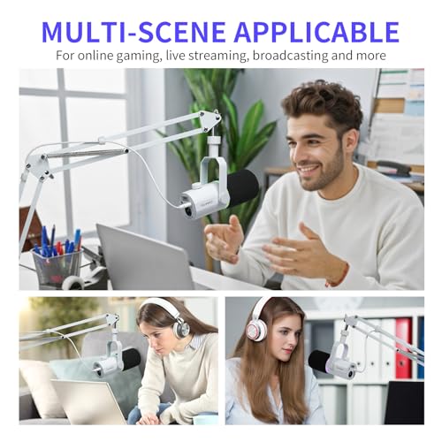 FEELWORLD AMS1 Microphone Boom Arm, Adjustable Mic Arm Stand with 3/8” to 5/8” Screw, Compatible with PM1 and other Mics for Podcast Straming Gaming Studio (White) - color: White