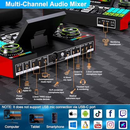 Podcast Microphone Bundle with Live Sound Card Audio Mixer, Podcast Equipment Bundle with 3.5mm Condenser Microphone for Pc/Phone Live Streaming Singing Gaming, Sound Board with Voice Changer, Denoise