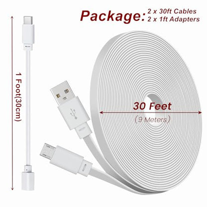 weishan 2-Pack 30ft Power Extension Cable Compatible with eufy SoloCam S220, S340 and Indoor Cam E220, P24, C120-9m Long Flat USB to Micro USB Charging Cord with USB-C Adapter, White