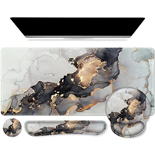 iCasso Desk Mat, Gaming Mouse Pad Wrist Support Set,4in1 XXL Large Mousepad + Keyboard Wrist Rest+Mouse Wrist Rest+Coaster Set with Ergonomic Design for Home Office Table Computer-Grey Ink Marble - color: Grey Ink Marble