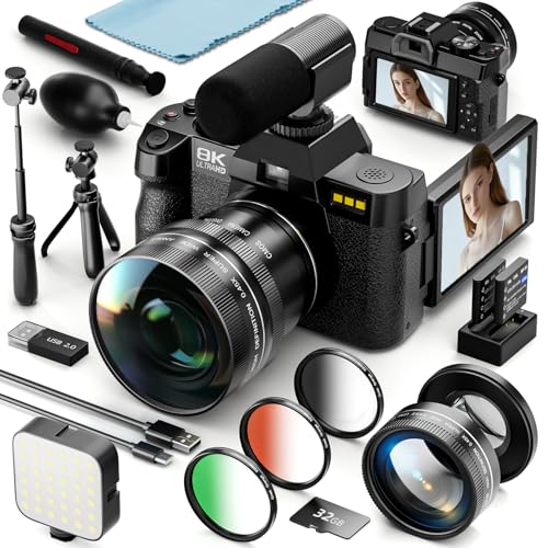 8K Digital Cameras for Photography, 64MP Vlogging Camera with 180°Flip Screen，2 Batteries, 32GB TF Card，16X Zoom, WiFi, 3 Color Filters,Microphone, Tripod, Wide & Macro Lens Kit (Black) - color: Black