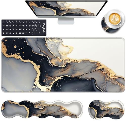 Keyboard Wrist Rest and Mouse Pad with Wrist Support Set Ergonomic Coaster,Memory Foam,Easy Typing Pain Relief,Large XL Desk Mat 31.5"x 11.8",Black Gold Marble - color: Black Gold Marble, size: 5 Pcs-XL
