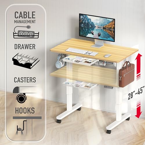 SHW 40-Inch Mobile Electric Height Adjustable Sit to Stand Desk with Drawer, Hanging Hooks and Cable Management, Oak - color: Oak