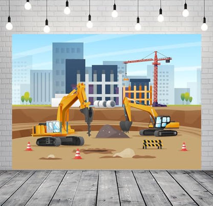 10x8ft Fabric Construction Theme Backdrop for Photography Excavators Material Equipment Construction Site Background for Boy Birthday Party Banner Decoration Photo Studio Props - size: 10x8FT
