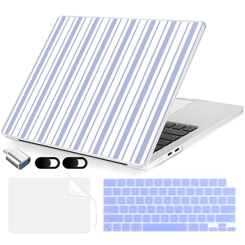 MecBevia Compatible with 2026 M5 MacBook Air 13 inch Case 2026 2025 2024-2022 M5 A3449 M4 A3240 M3 A3113 M2 A2681, Keyboard Cover, Screen Protector, Webcam Cover & Type-C OTG, Blue Stripes - color: Blue stripes