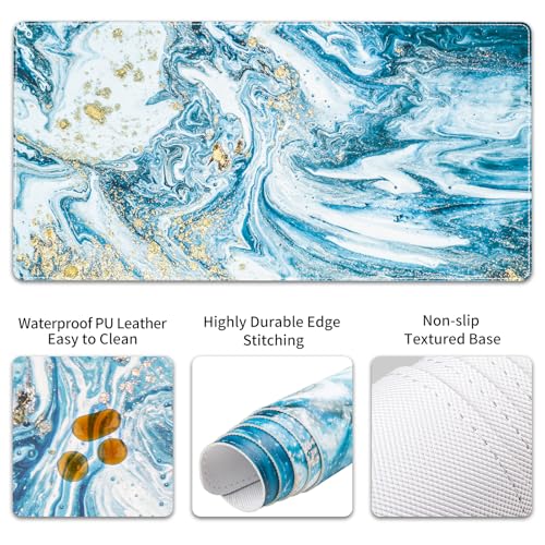 QIYI Leather Desk Mat Set, 4-in-1 Large Mouse Pad with Ergonomic Wrist Rest, Waterproof Desk Pad + Keyboard Wrist Rest + Mouse Wrist Support + Coaster, Non-Slip Office Gaming Accessories, Blue Marble - color: Blue Marble