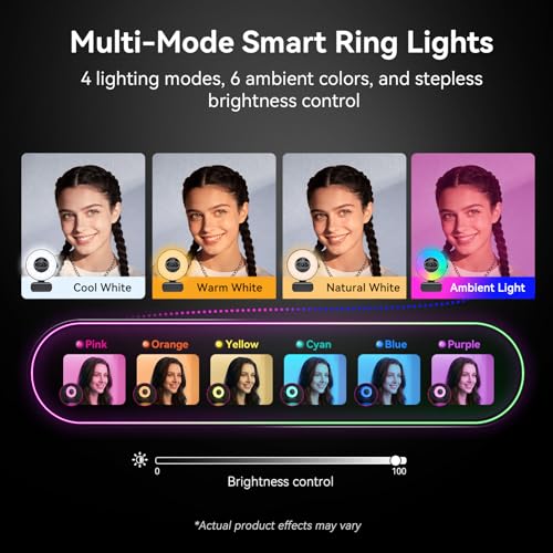 EMEET S600L 4K Webcam for Streaming with Ring Light, 4 Lighting Modes, Rainbow Effect, 1/2" Sensor, AI Imaging, 0.2S PDAF, 2 Mics, Dial Control, 4K Webcam with Light for OBS/Twitch/YouTube/Zoom/PC/Mac - style: S600L Ring Light 1/2" Sensor