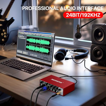 USB Audio Interface for PC Computer Recording Music, Red Guitar Audio Interface for Mac 24Bit/192kHz Podcasting Streaming for Vocalist Producer with 48V Phantom Power