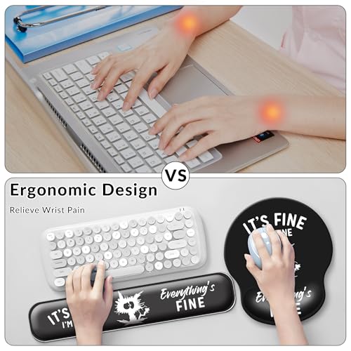 Desk Mat Set + Keyboard and Mouse Pad with Wrist Rest Support,4-in-1 Large Mousepad Computer Mats for Desktop Home & Office-It's fine I'm fine Everything is fine - color: E3-Funny Cute Cat