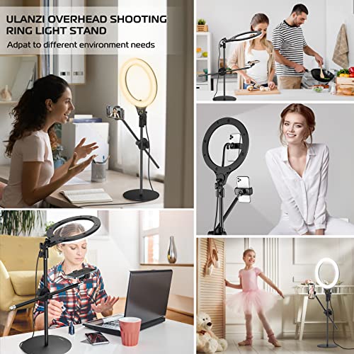 ULANZI [Upgraded Base] Overhead Tripod for Phone with 10 Selfie Ring Light, Phone Stand for Filming 3500k-6500K Dimmable, Ring Light Phone Holder for Video Recording, Live Stream, Portrait，Makeup