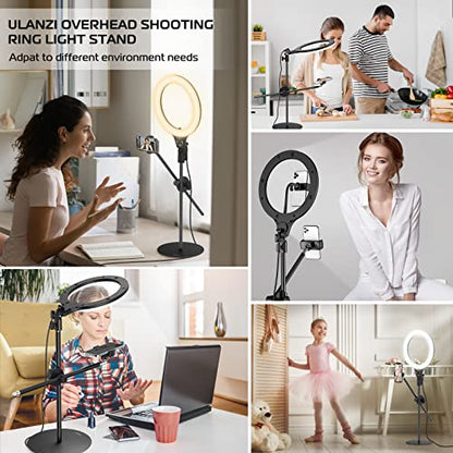 ULANZI [Upgraded Base] Overhead Tripod for Phone with 10 Selfie Ring Light, Phone Stand for Filming 3500k-6500K Dimmable, Ring Light Phone Holder for Video Recording, Live Stream, Portrait，Makeup