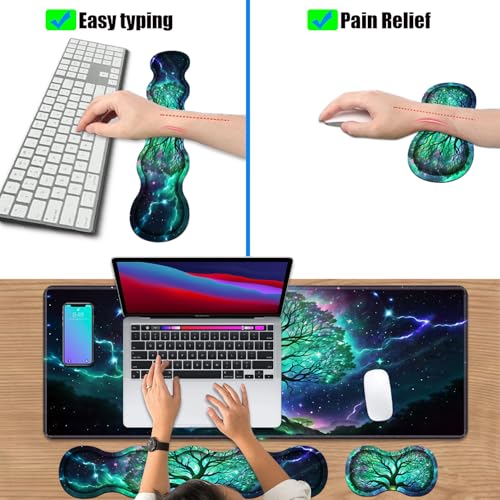 4 in 1 Ergonomic Keyboard Wrist Rest & Mouse Pad Wrist Rest Set, Large XXL Gaming Desk Mat 31.5"x 11.8" with Non-Slip Base, Memory Foam for Home Office Study Gaming, Tree of Life - color: Tree of Life