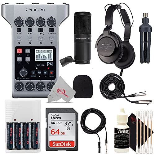 Zoom PodTrak P4 Portable Multitrack Podcast Recorder + Zoom ZDM-1 Podcast Mic Pack Accessory Bundle With Microphone + Accessory Kit