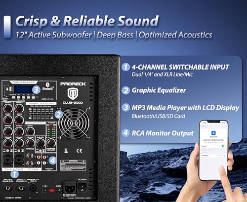 PRORECK Club 3000 12-Inch 4000w DJ Powered PA Speaker System Combo Set with Bluetooth USB Drive Read Function SD Card Remote Control,Two subwoofers and 8 line Array Speakers Set for Church, DJ, Live