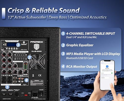 PRORECK Club 3000 12-Inch 4000w DJ Powered PA Speaker System Combo Set with Bluetooth USB Drive Read Function SD Card Remote Control,Two subwoofers and 8 line Array Speakers Set for Church, DJ, Live