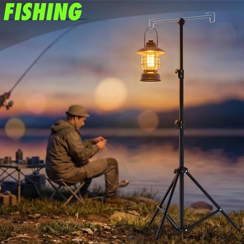 Telescopic Height Adjustable Camping Lantern Tripod Stand | 2-Hook Lantern / Light Hanger Holder for Outdoor Camping Tent RV, Night Fishing & Patio - size: 6ft 11"