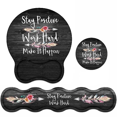 Keyboard Wrist Rest & Mouse Pad Wrist Support Set, Inspirational Quote Stay Positive Work Hard and Make It Happen Non-Slip Rubber PU Base for Home Office Working Studying Easy Typing & Pain Relief - color: Inspirational Quote Stay Positive Work Hard and M