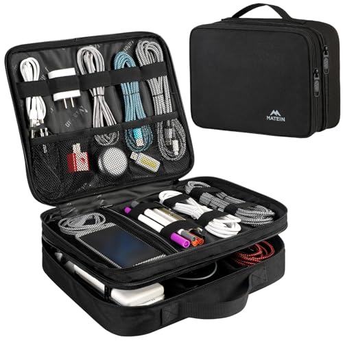 MATEIN Cable Organizer Bag, Large Travel Storage Bag Sturdy Tool Case with Handle for Phone Cord Electronics Accessories, Carrying Case for Tablet (Up to 12.9inch), Powerbank, Hard Drive, Black - color: Antique Black, size: Large