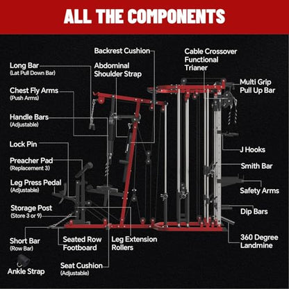 All in One Home Gym System Workout Station, Multi-Function Smithe Machine Power Cage with Cable Crossover System, Tripe-Sided Independent Load Posts, Functional Trainer for Full Body Training - color: Red, style: Home Gym Station