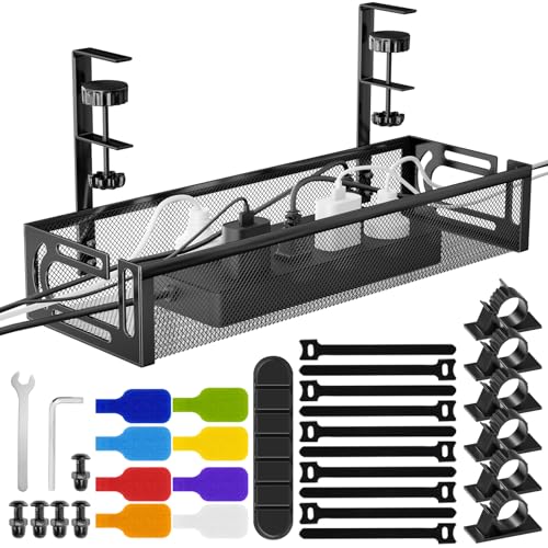 No Drill Under Desk Cable Management Tray, SONATURE 15.7" Cord Organizer for Table, Clamp Mount Desk Cable Management, Premium Carbon Steel Cable Organizer for Office, Home (Black) - color: Black, size: 15.7 inchs