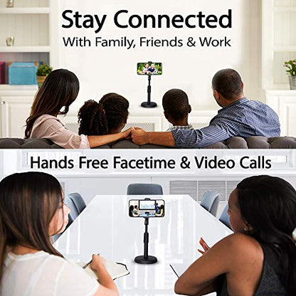 Andoer Desktop Cell Phone Stand Holder Clamp Tablet Stand Adjustable Height Portable Stable Round Base for Watching Online Classes Video Photo Shooting Live Streaming Black
