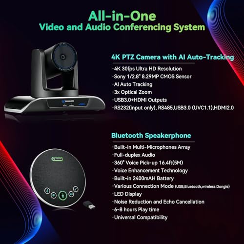 4K Conference Room Camera System AI Auto-Tracking 4K PTZ Camera 3X Optical Zoom 93° Wide Angle USB3.0 HDMI Output and Wireless Bluetooth Speakerphone with Mics for Conferencing Worship Church Medical - color: Jet