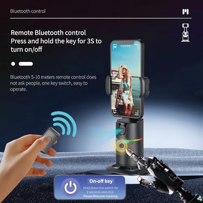 Auto Face Tracking Phone Stand, Desk Tripod Mount with 2 Fill Lights | 360 rotating holder follows you hands-free, gesture control, remote included, no app needed, fits iPhone and Android