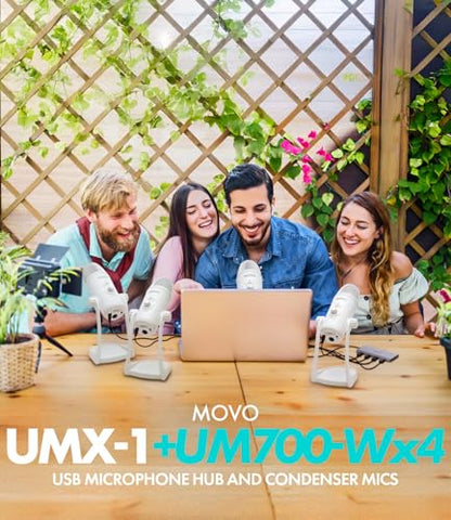 Movo USB Podcast Equipment Bundle for 4 – USB Interface with 4 UM700 Condenser Microphones – 4-Port Powered Hub for Streaming, Podcasting, Interviews (White) - style: with 4 Mics (White)