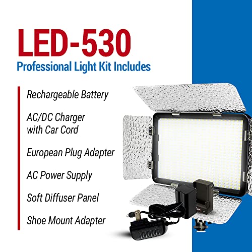 Vidpro LED-530 Photo and Video Light Kit - On Camera Panel LED Light - Adjustable and Dimmable 3200K-5600K Variable Color Light Fits Cameras w/Hot Shoe Includes Rechargeable Battery Diffuser - size: LED-530