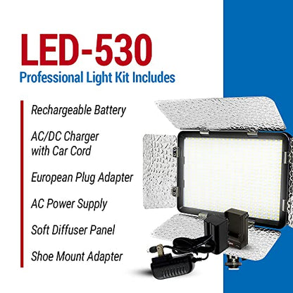 Vidpro LED-530 Photo and Video Light Kit - On Camera Panel LED Light - Adjustable and Dimmable 3200K-5600K Variable Color Light Fits Cameras w/Hot Shoe Includes Rechargeable Battery Diffuser - size: LED-530