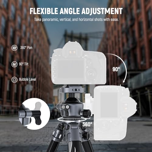 NEEWER LITETRIP LT07 61" Aluminum Travel Tripod for Camera w Pan Tilt Low Profile Ball Head, Arca QR Plate Compatible with PD Tripod Plate, Dual Center Axis, Phone Holder, Max Load 22lb - style: LT07 w/Clip