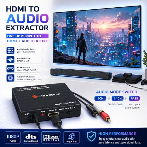J-Tech Digital Premium Quality 4k HDMI to HDMI + Audio (SPDIF + RCA Stereo) Audio Extractor Converter (JTDAT5CH) - size: 4K 30 Hz