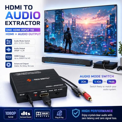 J-Tech Digital Premium Quality 4k HDMI to HDMI + Audio (SPDIF + RCA Stereo) Audio Extractor Converter (JTDAT5CH) - size: 4K 30 Hz