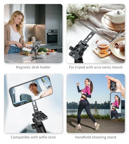 Magnetic Phone Tripod Mount Adapter for MagSafe, Aluminum Foldable Phone Holder with Arca-Swiss & 1/4" Screw Hole, Cold Shoe Mount for Camera, Pocket Mini Selfie Stick Tripod Mount for iPhone/Android