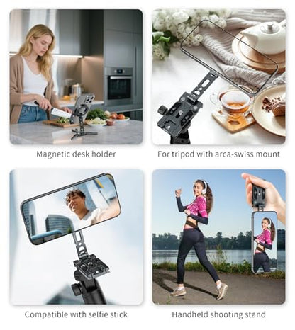 Magnetic Phone Tripod Mount Adapter for MagSafe, Aluminum Foldable Phone Holder with Arca-Swiss & 1/4" Screw Hole, Cold Shoe Mount for Camera, Pocket Mini Selfie Stick Tripod Mount for iPhone/Android
