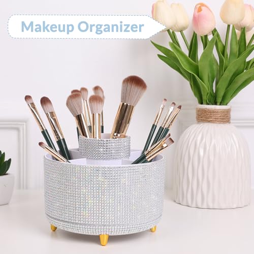 SKYDUE 360 Degree Rotating Desk Organizer, Shining Dual-Purpose Rhinestone Pencil Pen Holder, Rotating Desk Pen Organizer with 5 Slots, Rhinestone Pencil Cup for Office, School, Home - color: Crystal White
