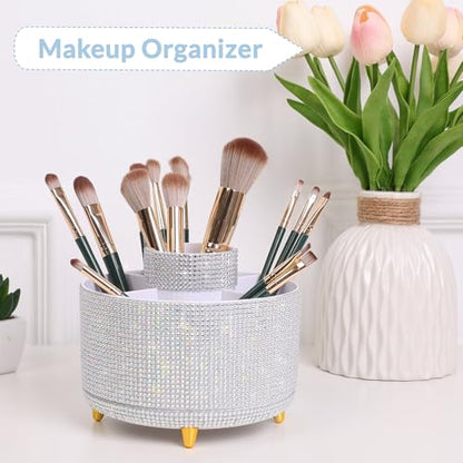 SKYDUE 360 Degree Rotating Desk Organizer, Shining Dual-Purpose Rhinestone Pencil Pen Holder, Rotating Desk Pen Organizer with 5 Slots, Rhinestone Pencil Cup for Office, School, Home - color: Crystal White
